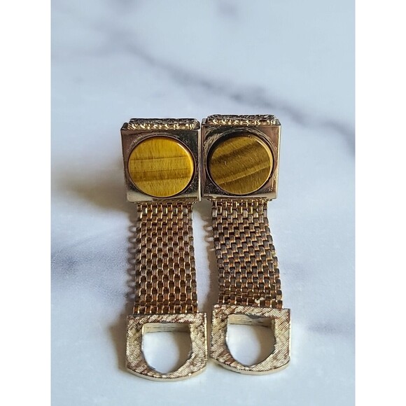 Tiger's Eye Gold Tone Mesh Metal Cufflinks Vintage 1970's - Picture 7 of 10